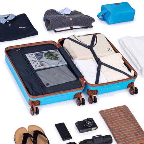 Eeeza Carry on Luggage Sets 22x14x9 Airline Approved Durable Travel Luggage Suitcases with Wheels,ABS Hard Case Suitcases with Spinner Wheels,(SkyBlue,3 Piece Sets(20"/DB/TB))