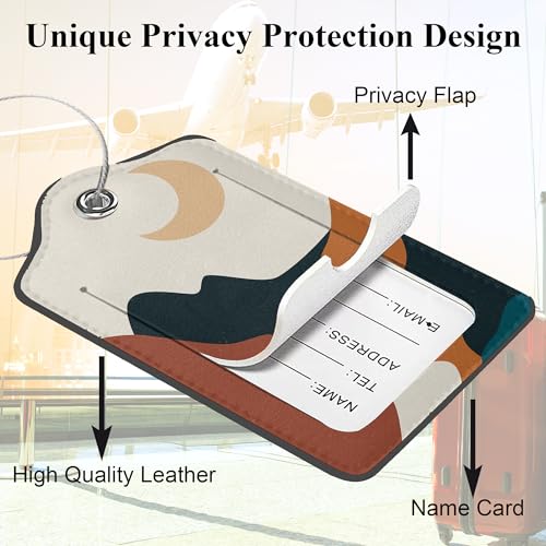 Abstract Landscape PU Leather Luggage Tags for Suitcase, Boho Sun Moon Mountains Travel Cruise 2 Pack with Privacy Flap, Name ID Label and Metal Loop for Women Men Girls Baggage Backpack