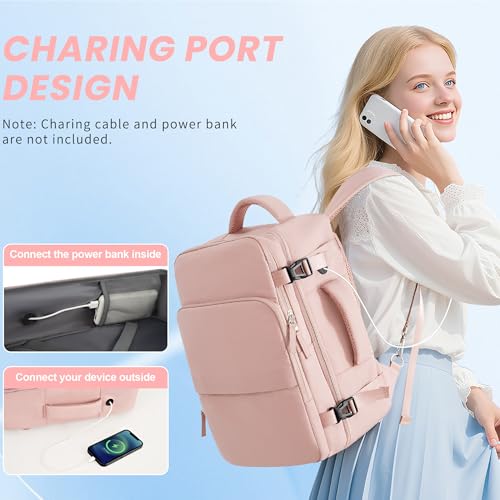Sinaliy Travel Backpack for Women, Airline Approved Carry on Personal Item Bag, Waterproof 16 Inch Laptop Backpack for Work, College School Business, Convertible Travel Bag with Wet Pocket, Pink