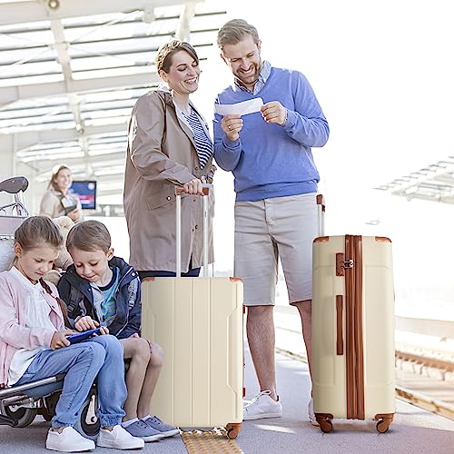 Merax 28 Inch Checked-Large Luggage with Wheels Aluminum Alloy Corner Hard Shell Suitcase TSA Luggage Suitcases for Travel Woman Men(White Brown)