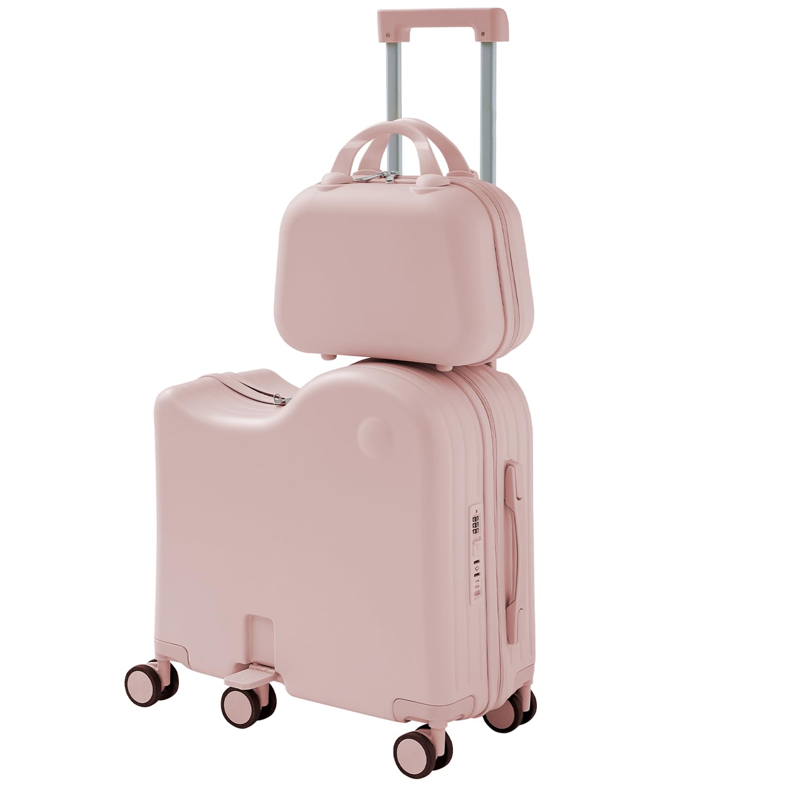 TABU Ride-on Luggage with Portable Bag for Kids，Hardshell Carry On Suitcase with Hidden Cup Holder, Foldable Pedal,Type-C & USB Interface, TSA Lock, 6-Spinner Wheels, Pink