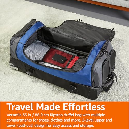 Amazon Basics 35-Inch Large Rolling Duffel Bag for Travel with Wheels and Handle, Durable Ripstop Polyester, 2 Layers of Space, Multiple Interior and Exterior Pockets, Blue