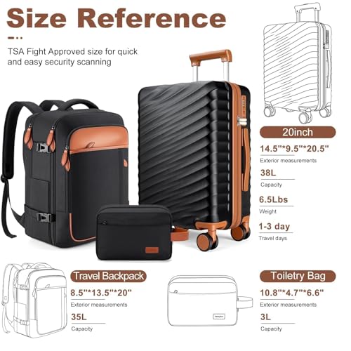 Velaybor 3 Piece Luggage Set with Travel Backpack, 20” PC Hardside Suitcase with Spinner Wheels, Flight Approved Carry On Luggage with YKK Zippers & TSA Lock