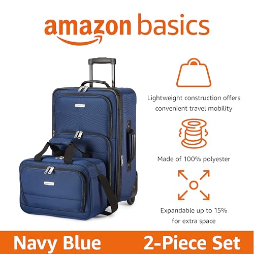 Amazon Basics Softside Luggage Set, 23-Inch Expandable Suitcase with Wheels and 15-Inch Tote, Extra Space (+15%), Front Pockets, Telescopic Handle, Navy Blue
