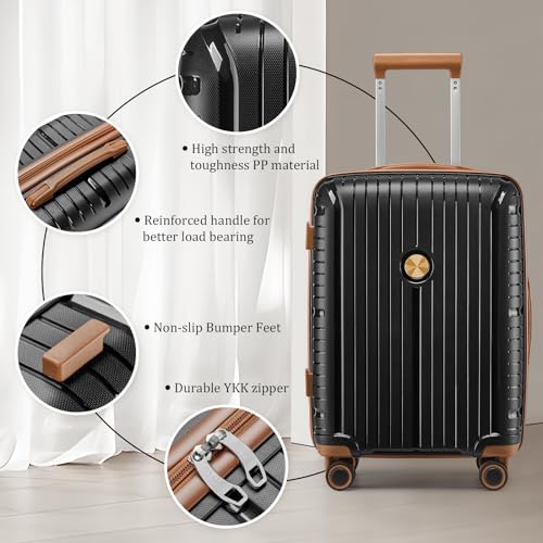 Joyway Luggage Sets 5 Piece PP Hardshell Carry on Suitcase, Travel Lightweight Carry-on with Double Spinner Wheels and TSA Lock, Black Brown