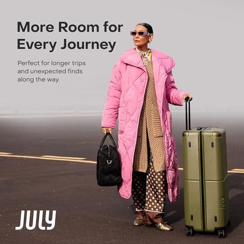 July Checked Plus with CaseSafe - 28.75" Built in Tracking, Airline Approved Check In Luggage with Wheels, Rolling Suitcase for Men & Women - Silent Spinner Wheels, Y-Strap - Moss
