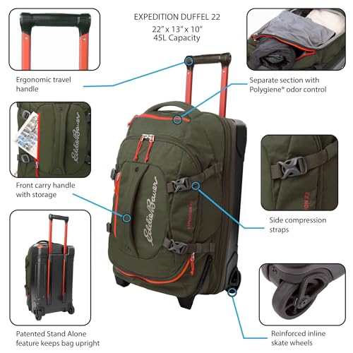 Eddie Bauer Expedition Rolling Duffel Bag with Wheels | Travel | Carry-On | Luggage | Rugged | Durable - Dark Thyme, 22"