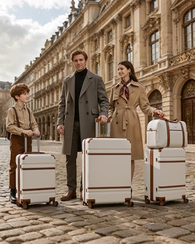 LONG VACATION Luggage Sets 5 Piece, Suitcases With Wheels, PC+ABS Hardshell Luggage Set with Spinner Wheels, TSA Lock (White Brown)