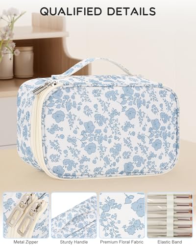 Relavel Travel Makeup Bag, Small Floral Cosmetic Bag with Makeup Brush Compartment, Portable Makeup Pouch for Women, Double Layer Makeup Organizer Bag Cute Toiletry Bag