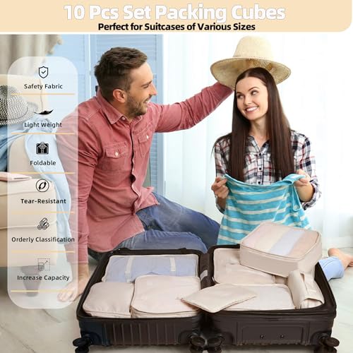 10 Pcs Set Packing Cubes For Travel Expandable Packing Organizers Luggage Organizers Bags Essentials Packing Cubes For Suitcases Travel Accessories (BEIGE)