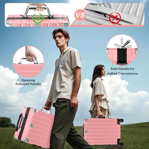 Krute Zipperless Luggage 24 Inch Aluminum Frame Suitcase with Spinner Wheels PC+ABS Hardide Checked Luggage TSA Approved No Zipper Travel Suitcase Pink
