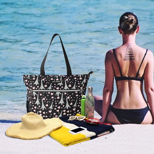 Betsey Johnson 15.6 Inch Zipper Beach Tote Bag with Cosmetic Pouch Lightweight Large Durable Polyester with Mesh Side Pockets for Gym Work, Paris Love
