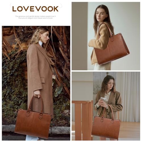 LOVEVOOK Laptop Tote Bag for Women, 17.3 Inch Professional Work Bag with Matching Clutch, Waterproof Vintage Leather Computer Tote for Office, Business Travel & Daily Use, Gift for Women