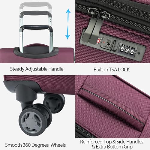 KROSER Softside Expandable Carry On Luggage with Front Business Pockets，20 Inch Suitcases with Spinner Wheels & Built-in TSA Lock, Durable Suitcase Rolling Luggage with USB Port, Burgundy