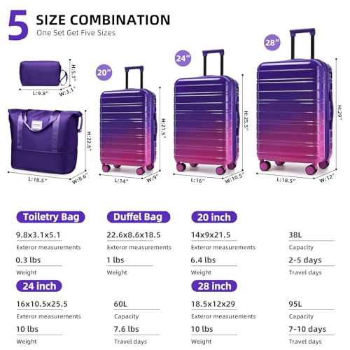 LARVENDER 5 Piece Luggage Set Hardside Expandable 20 24 28 Inch Midnight Berry