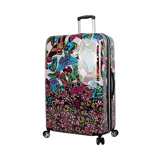 Betsey Johnson 26 Inch Checked Luggage Collection - Expandable Scratch Resistant (ABS + PC) Hardside Suitcase - Designer Lightweight Bag with 8-Rolling Spinner Wheels (Magenta Butterfly, 26IN)