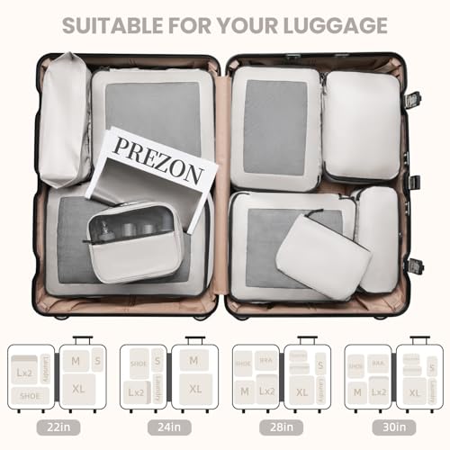Prezon Mesh Packing Cubes for Travel, Durable Luggage Organizer with Sturdy Material and Double Zippers, Comprehensive Set for Travel Accessories Storage, 10 set, cream