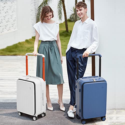 mixi Carry On Luggage 20'' Suitcase with Front Laptop Pocket, Wide Handle Rolling Travel Suitcases PC Hardshell with Aluminum Frame Spinner Wheels & TSA Lock, Carry-On Luggage(Smoke White)