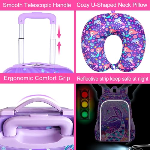 5-Piece Kids Luggage Set – Enchanting Hardshell Girls Suitcase with 360° Spinner Wheels, Lightweight Airline-Approved Carry-On (16") for Travel, Mermaid Purple