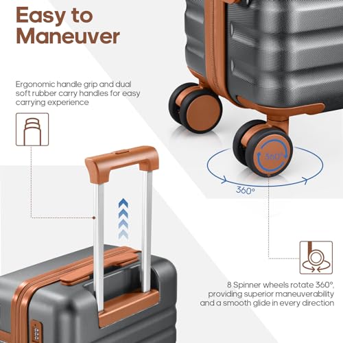 UKEIN Luggage Sets 3 Piece, Carry On Luggage 20In With Spinner Wheels,PC Hardside Suitcase Set with TSA Lock,Durable Carry On Suitcase With Travel Backpack for Men (Grey, 3 piece set (20inch))