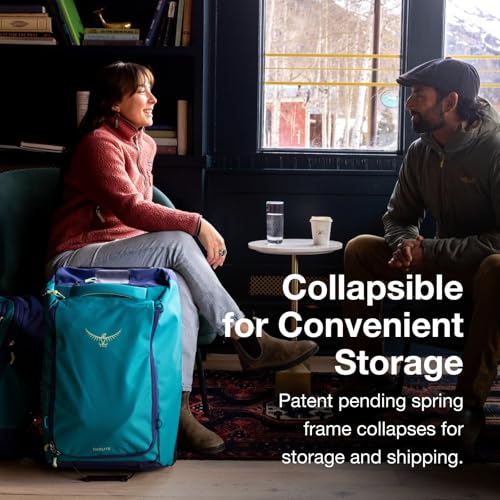 Osprey Daylite 40L Wheeled Carry On Collapsible Travel Duffel Bag, Lightweight Rolling Suitcase, Blue Spikemoss/Alkaline