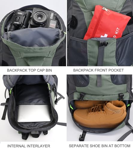 Bseash 50L Hiking Backpack, Water Resistant Lightweight Outdoor Sport Daypack Travel Bag for Camping Climbing Skiing Cycling (Army Green - With Shoe Compartment)