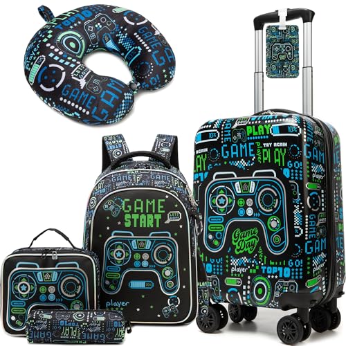 Homskiii Kid's Luggage Set 5 Piece Suitcase Set 16" Hardside Luggage with Spinner Wheels Boys Carry on Toddler Travel Rolling Luggage Airline Approved