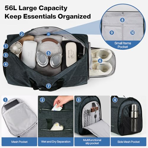 mixi 22 Inch Carry-On Bag for Men Women, 56L Foldable Water-Resistant Weekender Bag for Travel Gym Sports, Forest Black
