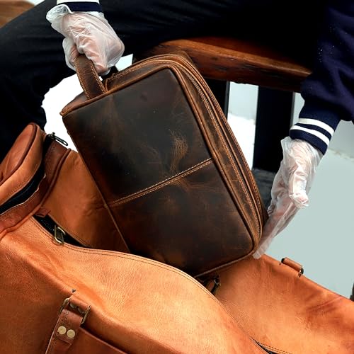 VC VINTAGE COUTURE Genuine Leather Toiletry Bag for Men Extra Large Leather Men's Toiletry Bag for Traveling Real Leather Dopp Kit for Men Shaving Bag for Travel (Men's Toiletry Bag 2, BROWN)