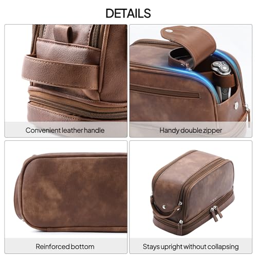 TOPEAST Toiletry Bag for Men, Large PU Leather Dopp Kit with Waterproof Wet Pocket, Double Layer Travel Toiletry Organizer with Brush Compartment, Shaving Bag with Handle, Brown