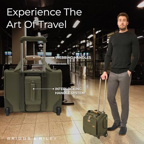 Briggs & Riley 2-Wheel Cabin Bag - Carry On Luggage for Travel, Suitcases with Wheels, Softside Rolling Bag for Men & Women, Interlocking Handle, Self-Repairing Zipper - Baseline Collection, Olive