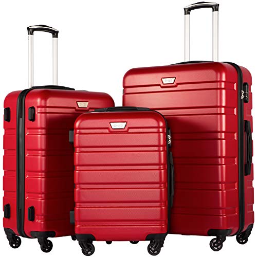 Coolife Luggage 3 Piece Set, Lightweight Durable Hardshell Suitcase set with 360° Spinner Wheels, TSA-approved Lock, Checked Family Travel Luggage sets, 20/24/28 Inch, Red