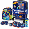 emissary 7pcs Space Boy’s Luggage Set with wheels – Rolling Luggage, Backpack, Eye Mask, Toiletry Bag, Suitcase Tag, Neck Pillow & Water Bottle – Carry Luggage for Kids & Boys with Wheels
