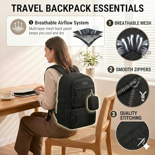 LOVEVOOK Laptop Backpack, 15.6" Carry On Airline Approved, Personal Item Bag Meets FAA Size, Trolley Sleeve Slides Over Suitcase, Waterproof Daypack for Travel College with Mini Pouch
