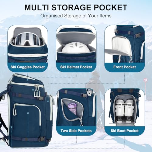Lunidry Ski Boot Bag, 65L Waterproof Ski Bag & Snowboard Boot Bag, Travel Backpack for Skis Snowboard Helmet Goggles & Accessories