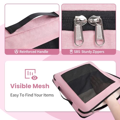 Prezon Compression Packing Cubes for Travel, Lightweight Vacation Travel Essentials, Travel Accessories for Suitcase Organizer Bags Set, Durable Luggage Organizer, 8 set, squre mesh, Rose Pink