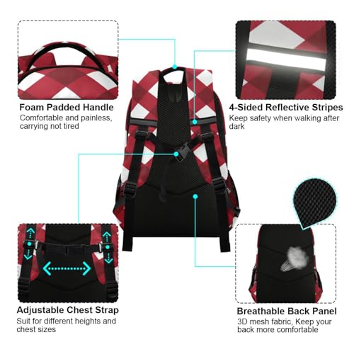 EtherSpher Dark Red and Pure White Checkered Designed carry on backpacks for kids with chest strap book bags for 10-12 year old para bebes varon