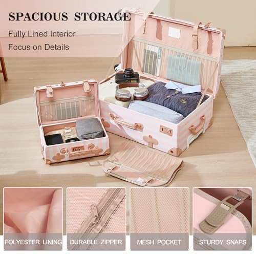 UNIWALKER Vintage Luggage Set, 2 Piece Faux Leather Carry on Suitcase with Spinner Wheels TSA Lock and Cosmetic Train Case for Women, Pink Strip, 20"+12"