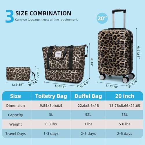 LARVENDER Luggage Sets 3 Piece, Hardside 20 IN Carry on Luggage Airline Approved PC+ABS Suitcase Set with Spinner Wheels TSA Lock, Lightweight Rolling Suitcase for Men and Women, Cheetah Print