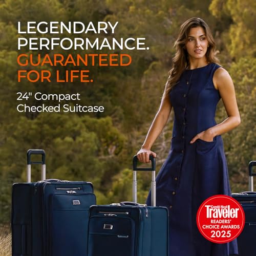 Briggs & Riley 24 Inch Compact Checked Suitcase Luggage with Wheels - Zipperless Compression Expansion System, 360 Spinner, Flat Packing Interior, Accessible Front Pocket - Baseline Collection - Black