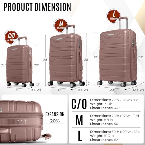 Gabbiano Unbreakable Hardshell PP Luggage Set 5 Year Warranty Extra Large with 8 Wheels Thick Shell Multi Layer PP 3 Piece Set, 22, 28, 30 Inch (Cameo Brown)