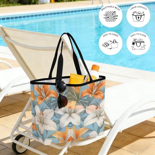 Lily Flower Mesh Beach Bag, White Orange Blooms Floral Watercolor Blue Large Tote Bag for Swim Pool Beach Travel
