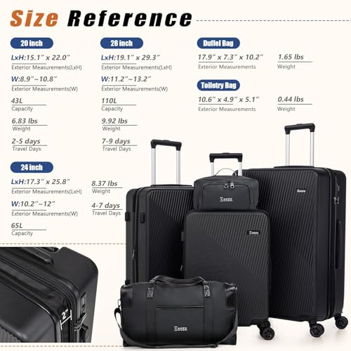 Eeeza Expandable Luggage Sets 5 Piece,Suitcases with Detachable Wheels,ABS Hard Case Luggage with TSA Lock Spinner Wheels,Carry On Luggage Set