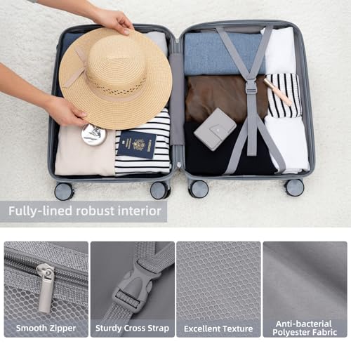 LARVENDER Luggage Sets 3 Piece, Hardside PP Carry On Luggage Suitcase with 360° Spinner Wheels Suitcase Sets for Women Men, Silver Grey