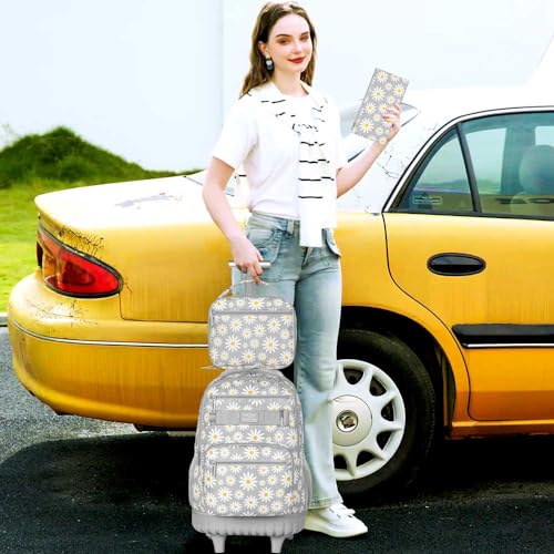 gxtvo Womens Rolling Backpack for Girls, Wheeled Bookbag with Lunch Box for Adults, Water Resistant Roller School Bag for College Teens Kids Travel - Grey