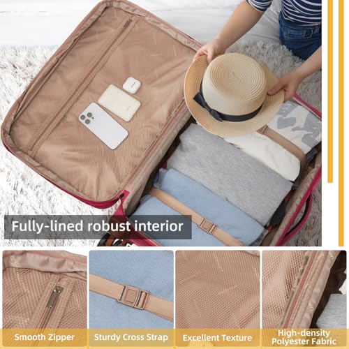 LARVENDER Luggage Sets 4 Piece, Softside Carry On Luggage Suitcase Set with 360° Spinner Wheels for Women Men(28/24/20/18) Rose Red