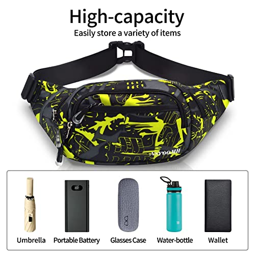 Crossbody Fanny Pack for Men, 5-Zipper Pockets Waist Bag, Belt Bag for Running Cycling Travel Walking Hiking Fishing Camping Green