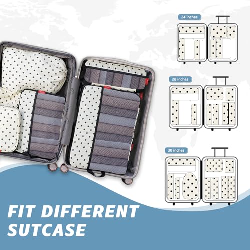 U+U 10 Set Compression Packing Cubes - Travel Organizers with Laundry Bag, Space-Saving Suitcase Organizer, Expandable Packing Organizers for Travel Essentials (Polka Dot)