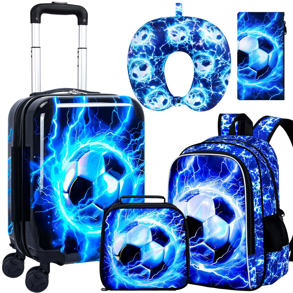 5PCS Boys Luggage Set, Airline-Approved Carry-On with 360° Spinner Wheels, Cute Travel Suitcase for Kids & Toddlers - Lightning Soccer Blue