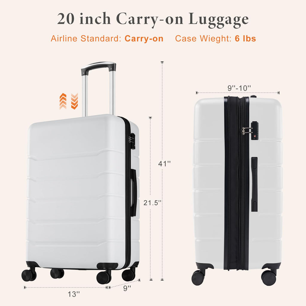 Sweetcrispy Carry on Luggage, Hard Shell ABS Suitcase with Double Spinner Wheels, Lightweight Expandable Rolling Suit Case with TSA Lock, 20 Inch Cream White